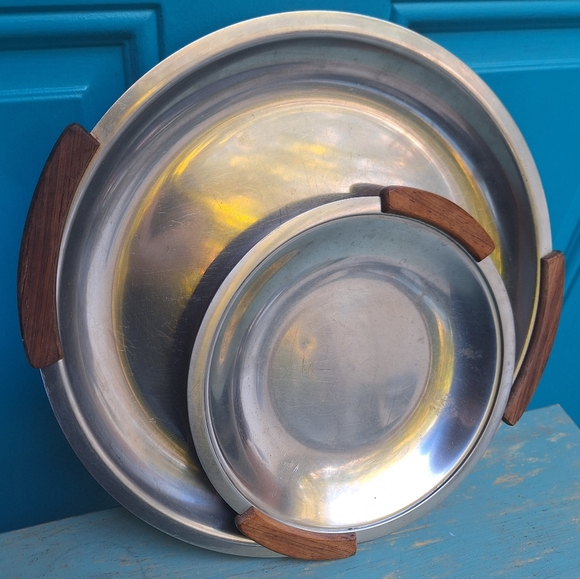 Vintage Stainless Steel Tray Teak Wood Handles MCM Metal Platter Modern Display - Picture 9 of 15